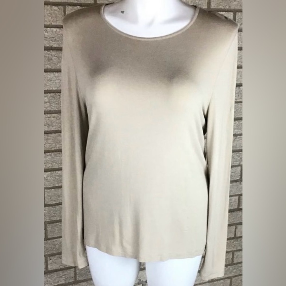 ☕️ Chico's Wonderful Rayon Spandex Long Sleeve Crew Neck Taupe Tee Size 2, L